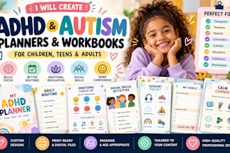 design adhd planners, autism workbooks, worksheets and printables