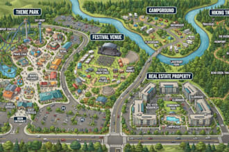 design custom theme park, amusement park, zoo map and wayfinding maps