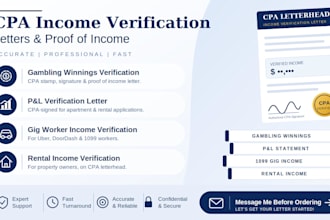 prepare CPA signed pnl verification letter for apartment and rental applications