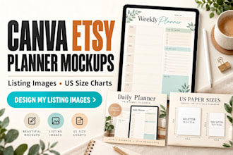 create canva etsy digital planner mockups, listing images, US size charts