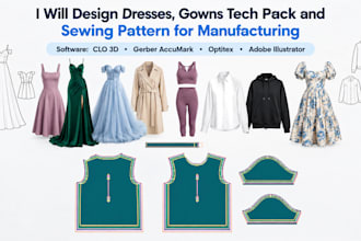 design dresses gowns tech pack and sewing pattern for manufacturing