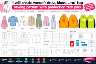 create womens dress, blouse and top sewing pattern with production tech pack