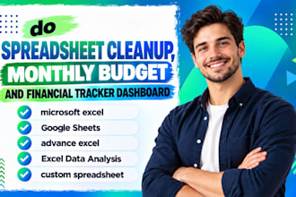 do spreadsheet cleanup, monthly budget and financial tracker dashboard
