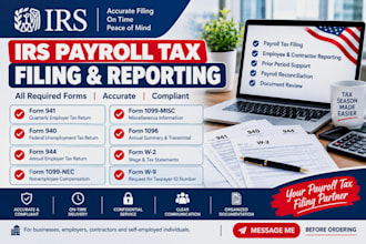 file irs payroll taxes form 941, 940, form 944, 1099nec, 1099misc, 1096, w2, w9