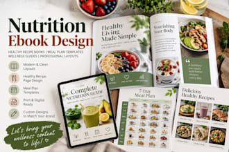 design nutrition ebooks, healthy recipe books, vegans, meal plan, recipe ebook