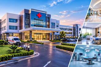 design 3d photorealistic hospital, clinic, health center and medical campus