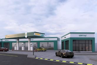 3d fuel station, car dealership, cgi carport render, retail design, parking lot