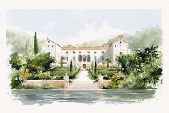 draw watercolor wedding venue, house, landscape