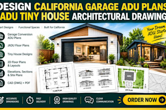 design california garage adu plans, jadu tiny house architectural drawings