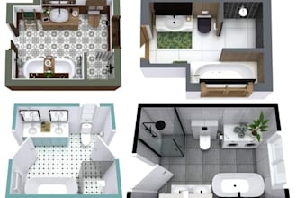 design bathroom with floor plans, vanity cabinetry elevations, sections