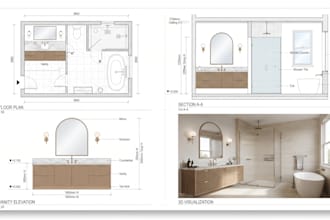 design bathroom with floor plans, vanity cabinetry elevations, sections