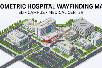 design an isometric wayfinding map for hospitals site plan and medical centers