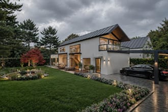 cgi 3d outdoor barn house,balcony terrace,backyard landscape,garden pond,carport