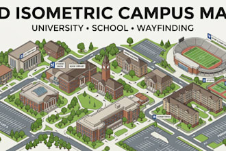 create a 3d isometric university campus map and school wayfinding vector design