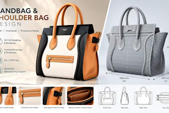 create 3d handbag design, backpack and travel bag design with tech pack, stl