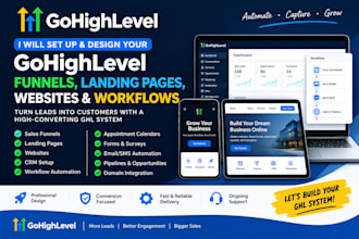 set up gohighlevel funnels, landing pages, websites and workflows