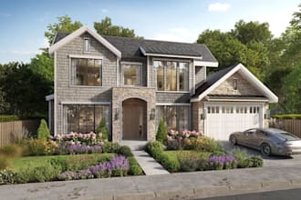 retrofit modern suburban villa home,cgi concrete walkway exterior,cozy courtyard