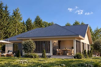 renovate3d single bungalow house,facade exterior,spacious yard lawn,patio render