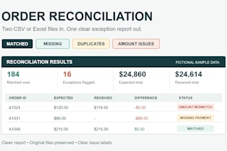 reconcile two CSV exports and flag missing duplicate and mismatched orders