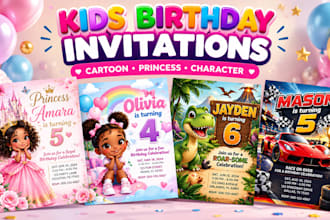 design kids birthday invitations, cartoon, princess and character invitation