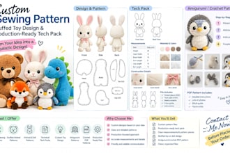 design custom plush sewing pattern, stuffed toy tech pack and amigurumi crochet