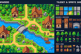 create top down pixel art tileset, tilemap and game  assets for rpg indie games