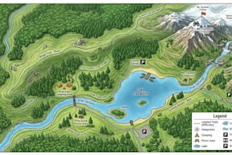 design park map, hiking trail map, outdoor adventure and recreation map