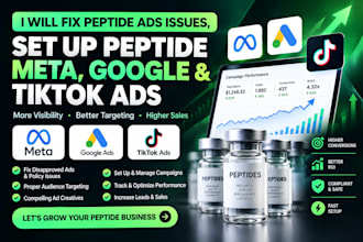 fix peptide ads issues, setup peptide meta, google and tiktok ads