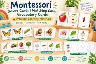 illustrate montessori 3 part cards, matching cards, vocabulary card