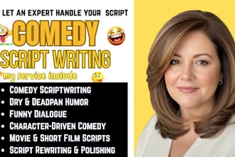 write funny monotone comedy scripts with dry humor, funny jokes and movie script