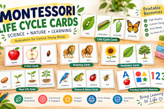 illustrate montessori life cycle cards, science illustrations, learning cards