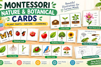 create montessori nature illustrations, botanical cards, plant parts