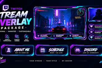 design animated twitch stream overlay, stream package, alerts, panels and more