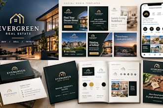 design a real estate branding kit, logo, social media kit, brand identity book