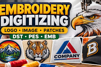 do embroidery digitizing, logo, digitize image and patches for embroidery in dst