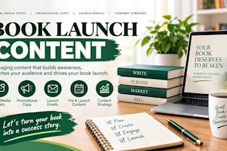 create book launch content, posts, emails and promotional copy