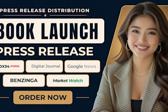 write a book launch press release, media pitch, author bio, pr headline
