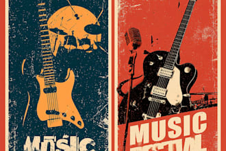 do retro music event poster design or guitar flyer concert