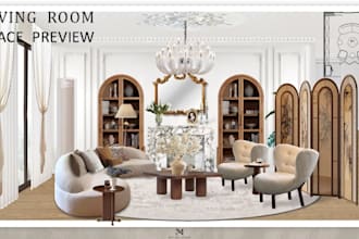 create interior mood board, room mockup and shopping list