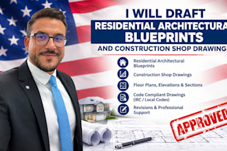 draft residential architectural blueprints and construction shop drawings