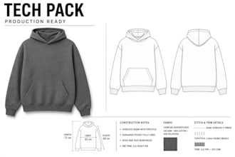 create clothing apparel tech pack and sewing pattern for streetwear activewear