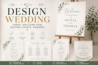 design beautiful wedding and anniversary cards, welcome sign for any ceremony