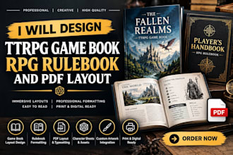 design ttrpg game book, rpg rulebook and pdf layout