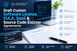 draft custom software license, eula, saas with source code escrow