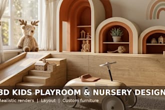 design a 3d kids playroom or nursery with renders