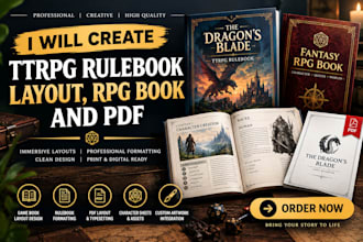 create ttrpg rulebook layout, rpg book and pdf
