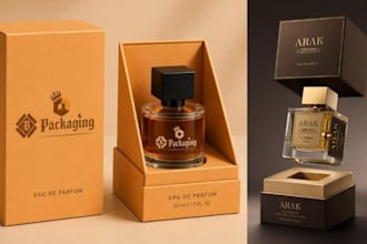 perfume packaging, logo, cosmetic label and box design and 3d model