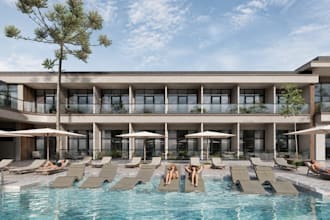 setup modern beach resort, luxury hotel hospitality exterior, pool lounge facade
