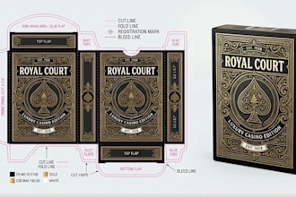 design card game packaging, tuck box, poker cards and card box mockup, dieline