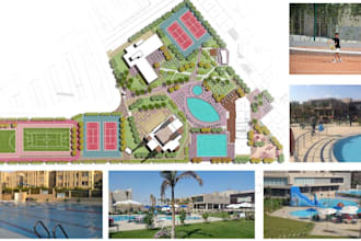 create amenities layout plan,clubhouse site plan, outdoor sport facility,3d pool